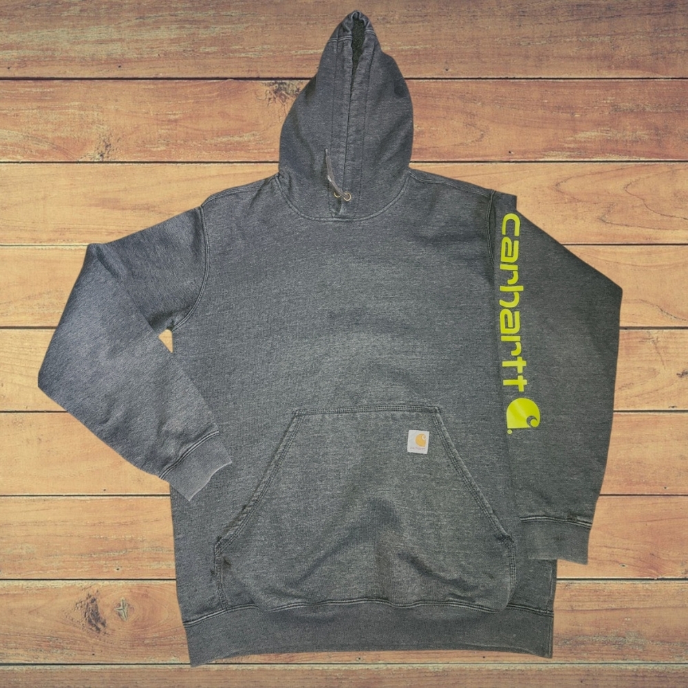 CARHARTT Charcoal Grey Midweight Construction Hoodie Pocket Green Logo *Flaws*